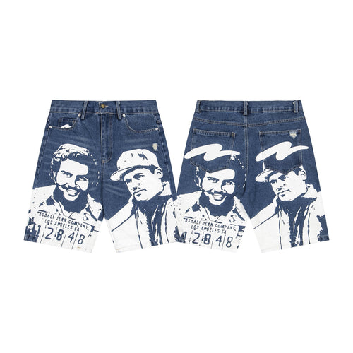 ASAALL Portrait Graphic Washed Denim Shorts — front